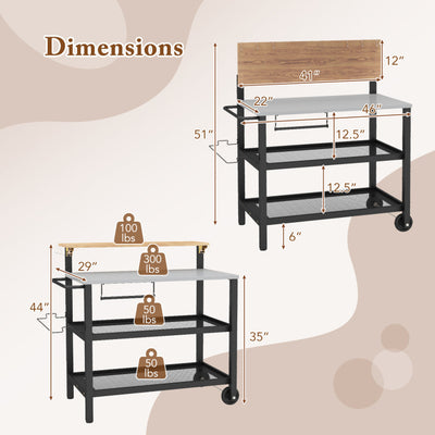 Rolling Bar Cart with Flip-up Table and Hooks for Kitchen