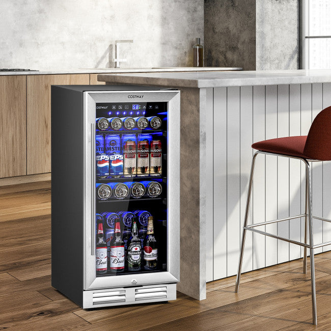 COSTWAY 120 Can Mini Beverage Fridge, Freestanding Beverage Refrigerator  Cooler with Glass door, Removable Shelves for Soda Beer Wine, Small Drink  Bar