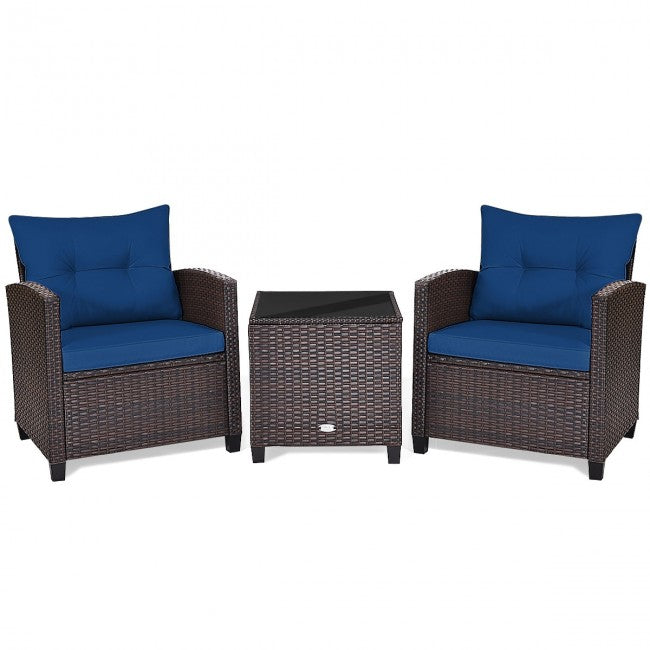 3 Pieces Rattan Patio Furniture Set Outdoor Conversation Bistro Set with Cushion and Coffee Table