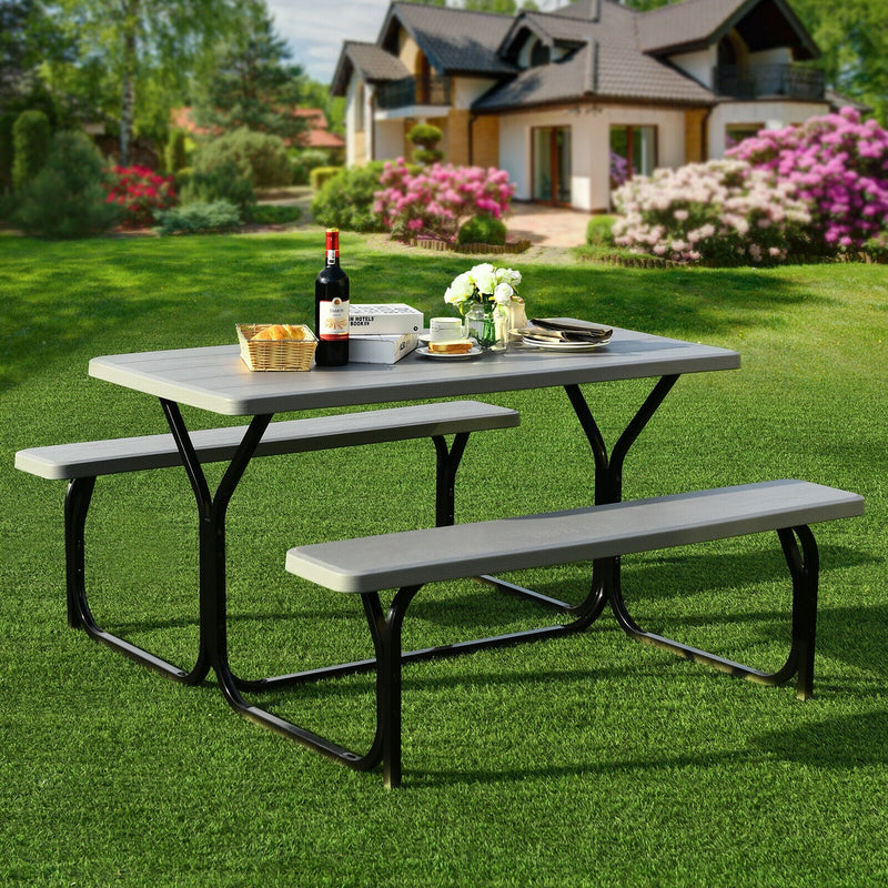 All Weather Outdoor Picnic Table Bench Set with Metal Base Wood