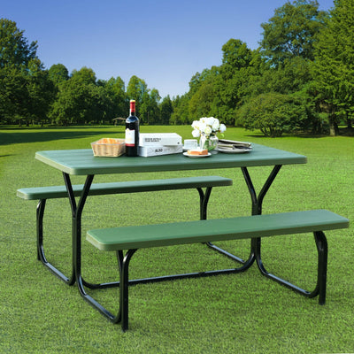 All Weather Outdoor Picnic Table Bench Set with Metal Base Wood