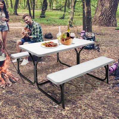 All Weather Outdoor Picnic Table Bench Set with Metal Base Wood