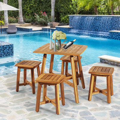 5 Pieces Outdoor Patio Acacia Wood Conversation Dinging Set with  Square Table and 4 Stools