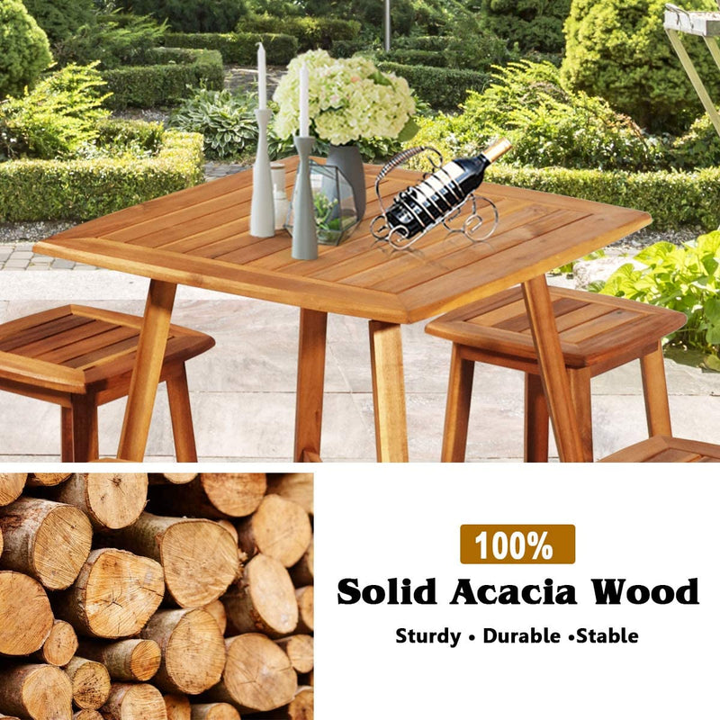 5 Pieces Outdoor Patio Acacia Wood Conversation Dinging Set with  Square Table and 4 Stools