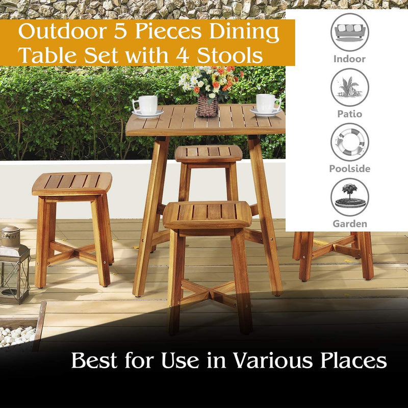 5 Pieces Outdoor Patio Acacia Wood Conversation Dinging Set with  Square Table and 4 Stools