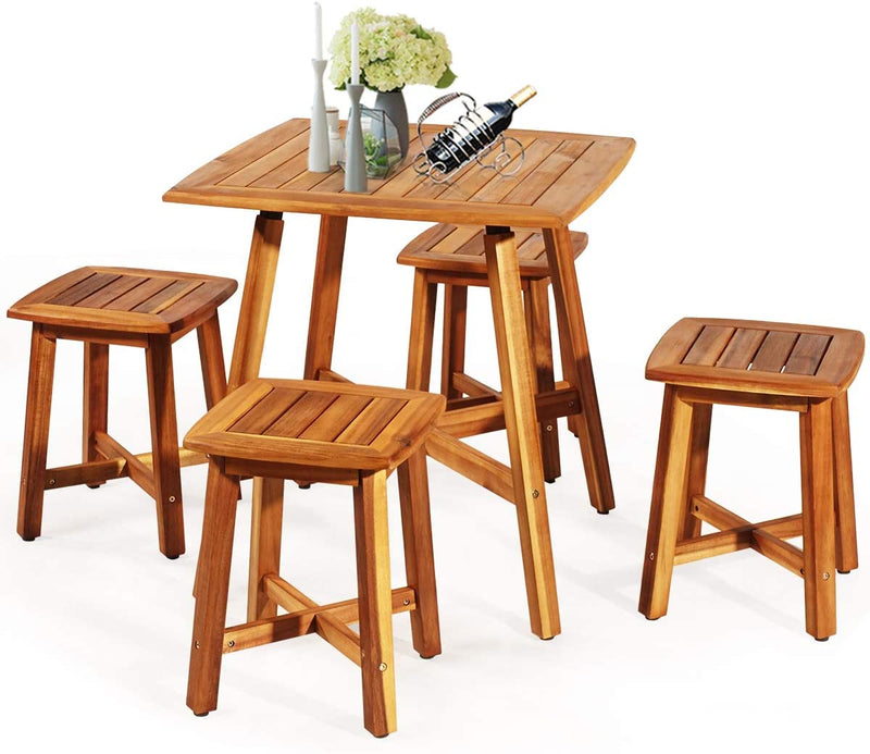 5 Pieces Outdoor Patio Acacia Wood Conversation Dinging Set with  Square Table and 4 Stools