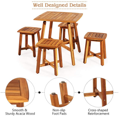 5 Pieces Outdoor Patio Acacia Wood Conversation Dinging Set with  Square Table and 4 Stools