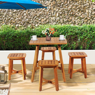 5 Pieces Outdoor Patio Acacia Wood Conversation Dinging Set with  Square Table and 4 Stools