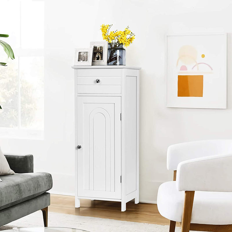 VASAGLE Bathroom Floor Cabinet Wooden Storage Organizer Unit, with Drawer and Adjustable Shelf for Living Room,White