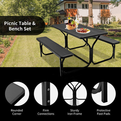 All Weather Outdoor Picnic Table Bench Set with Metal Base Wood