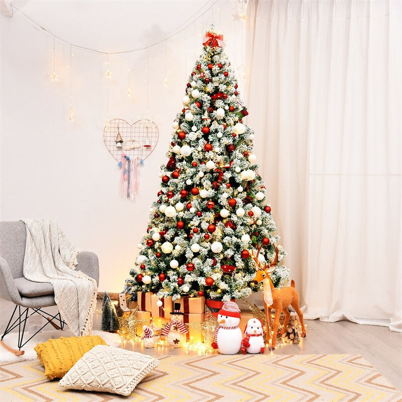 7.5ft Pre-Lit Snowy Artificial Christmas Tree Flocked Xmas Tree with 550 LED Lights & Metal Stand for Holiday Decoration