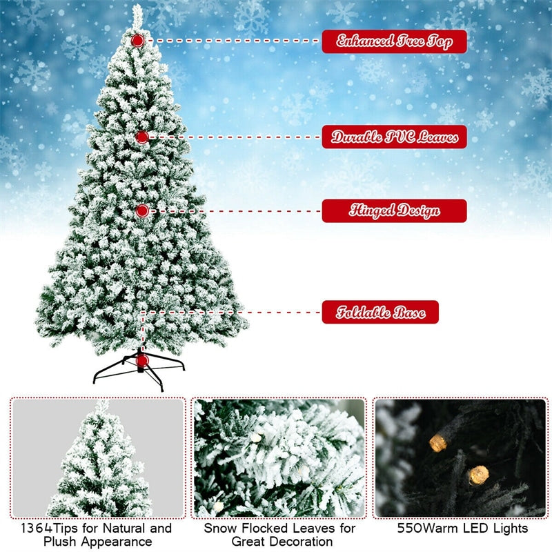 7.5ft Pre-Lit Snowy Artificial Christmas Tree Flocked Xmas Tree with 550 LED Lights & Metal Stand for Holiday Decoration