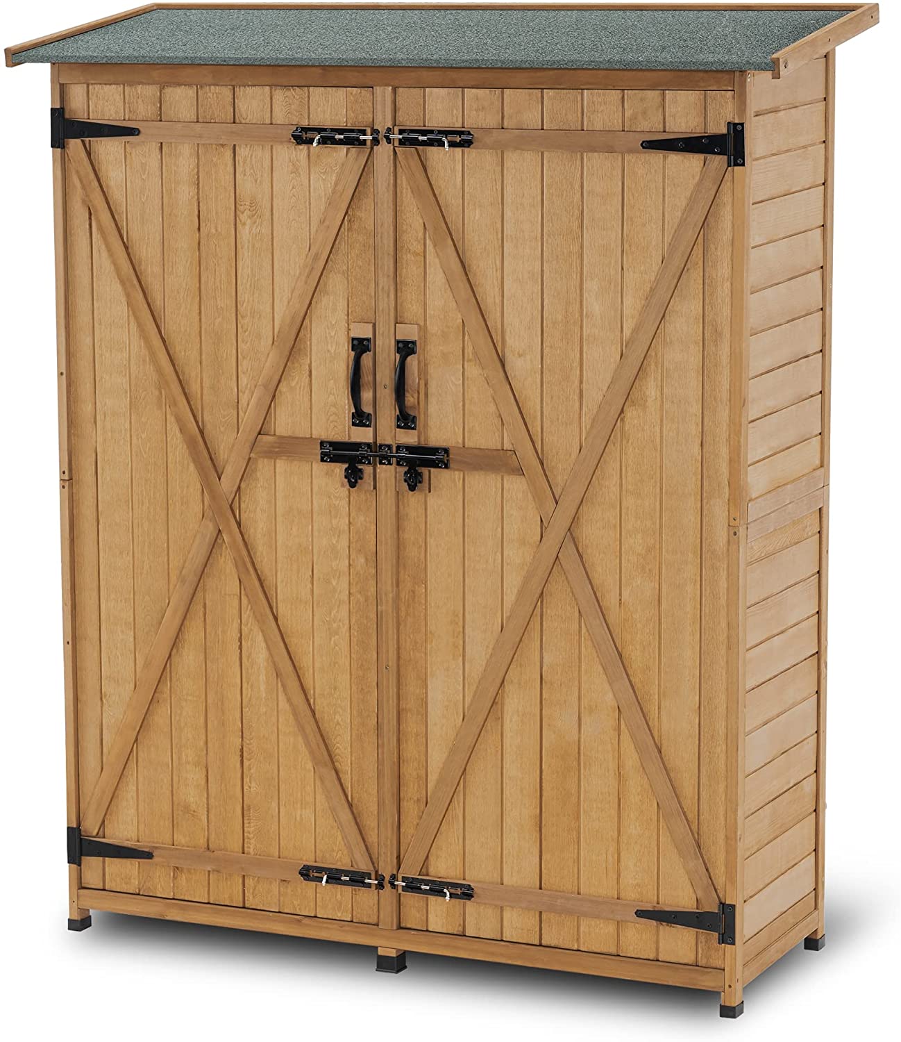 64 Inch Outdoor Solid Wooden Storage Shed Garden Tool Cabinet with Loc ...