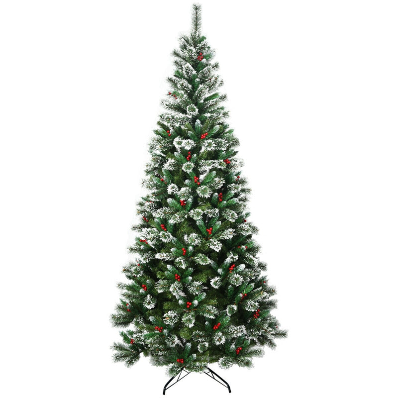 8ft Snow Flocked Pencil Artificial Christmas Tree with Red Berries