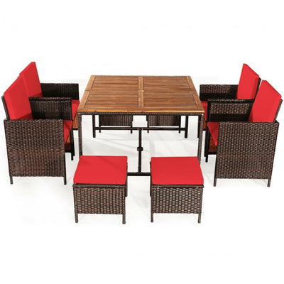 9 Pieces Outdoor Patio Acacia Wood Space Saving Dining Table Set Furniture Set with Cushion