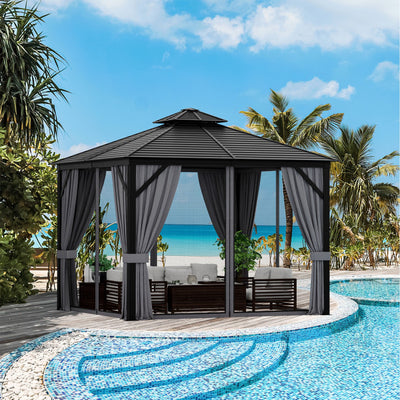 10 x 10 Feet Outdoor Hardtop Gazebo Double-Top Pavilion with Netting and Curtains