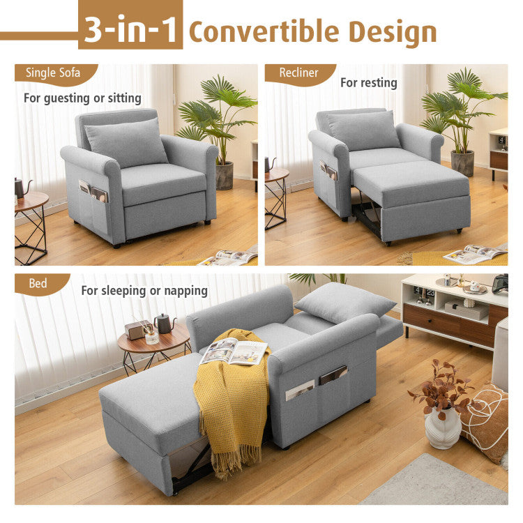 3-in-1 Pull-Out Convertible Adjustable Reclining Sofa Bed-Gray丨Costway