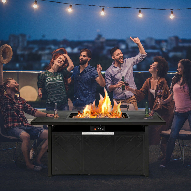 57 Inches Outdoor Propane Fire Pit Table 50000 BTU Rectangular Auto-Ignition Gas Fire Table with Lava Rocks Lid