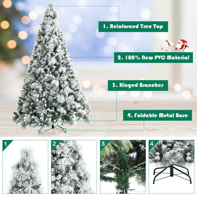 8FT Premium Snow Flocked Artificial Holiday Christmas Pine Tree with Glitter Tips and Metal Base