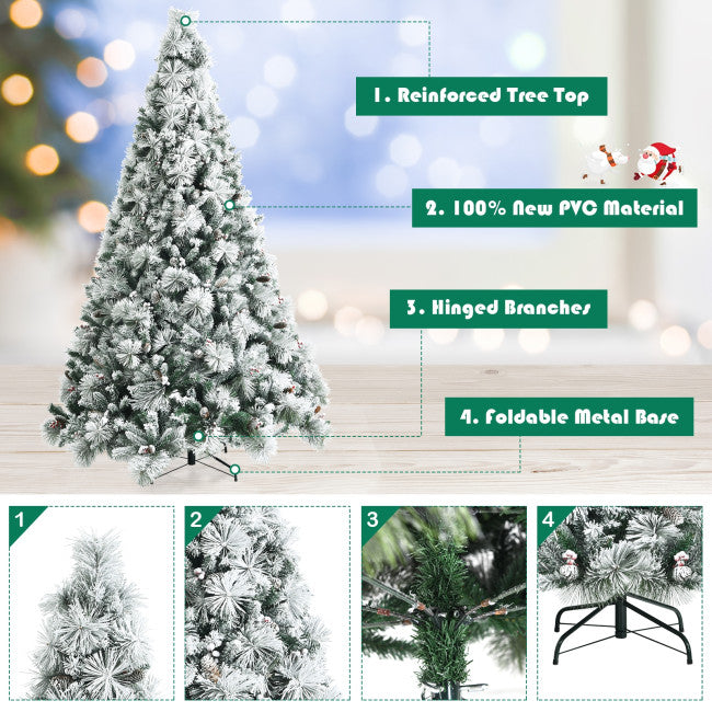 8FT Premium Snow Flocked Artificial Holiday Christmas Pine Tree with Glitter Tips and Metal Base