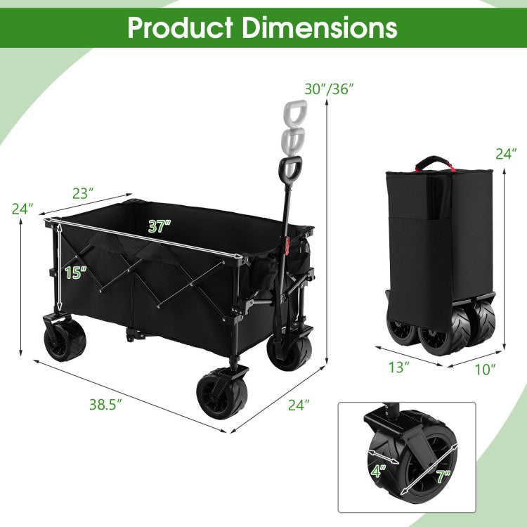 Collapsible Wagon Foldable Heavy Duty Steel Utility Garden Grocery Cart with Adjustable Handle and Wide Wheels