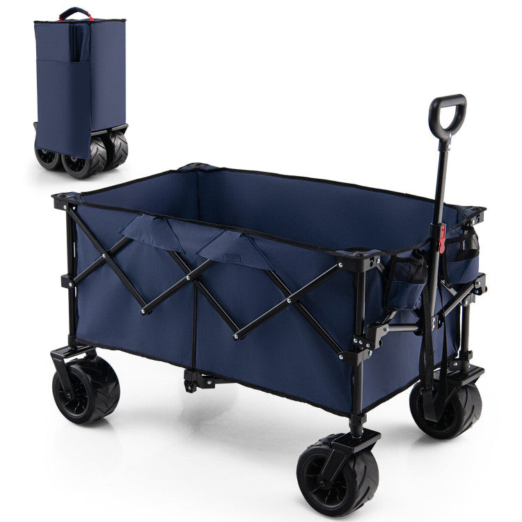 Collapsible Wagon Foldable Heavy Duty Steel Utility Garden Grocery Cart with Adjustable Handle and Wide Wheels