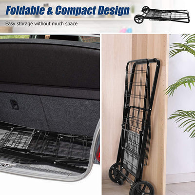 Portable Jumbo Double Basket Utility Grocery Cart Heavy Duty Folding Shopping Cart with 360° Rolling Swivel Wheels