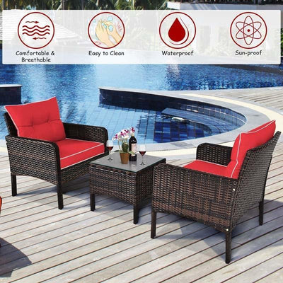 3 Pcs Rattan Wicker Outdoor Sofa Set with Washable Cushion and Tempered Glass Tabletop